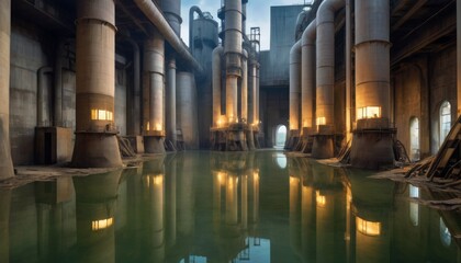 A vast industrial hall, reminiscent of a cathedral, is half-submerged in still water, its reflections hinting at a bygone era of activity.. AI Generation