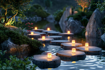Design a serene sitting spot atop a cluster of floating rocks, surrounded by gently rippling water and illuminated by the soft glow of bioluminescent plants