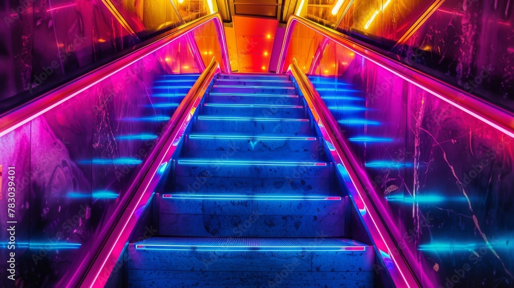 Poster abstract image of a staircase illuminated by neon lights, creating a futuristic vibe