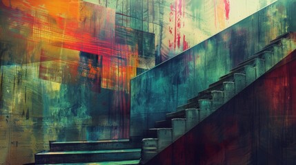 Abstract image of a staircase with abstract artwork on the walls, blurring the line between architecture and art