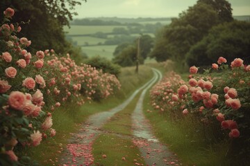 Obraz premium Serene Country Road with Blossoming Roses