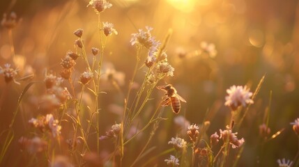 Amidst the swaying grasses, a honey bee hovers above a delicate flower, its iridescent wings shimmering in the warm sunlight.