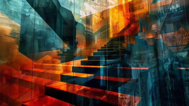 Abstract image of a staircase with reflections in glass panels, distorting reality