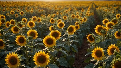 Fields of bright yellow sunflowers turning their faces to follow the journey of the sun Generative AI