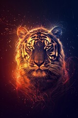 Striking linear illustration of a cosmic tiger formed entirely from orange light rays