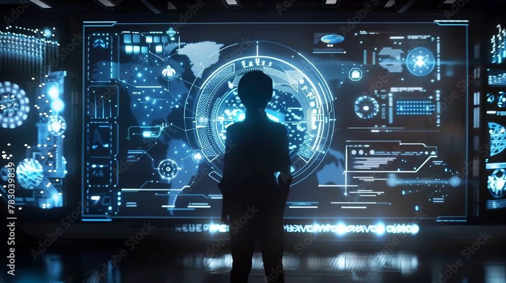 Poster a person stands in front of a large screen with a blue background and a large circle in the center. 