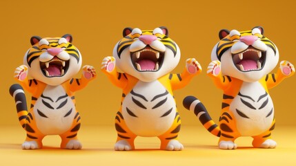 Figures showing a trio of open-mouthed tigers leaping.