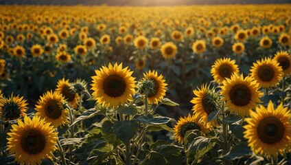 Fototapeta premium Fields of bright yellow sunflowers turning their faces to follow the journey of the sun Generative AI