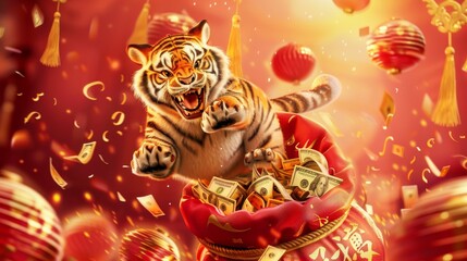 This banner features a 3D rendering of a tiger jumping from a lucky bag full of money. Text wishing you a good New Year is printed on the left and a blessing appears on the right.