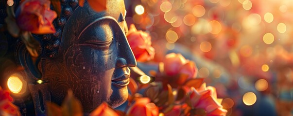 Buddhas serene gaze amidst Songkrans vibrant celebration of water flowers - obrazy, fototapety, plakaty