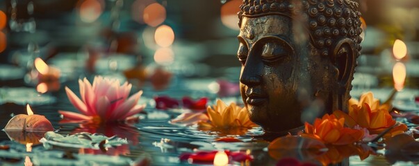 Buddhas serene gaze amidst Songkrans vibrant celebration of water flowers