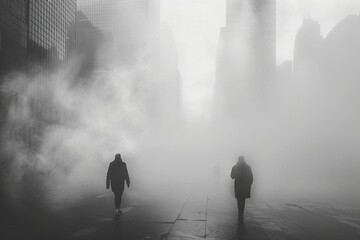 Blindfolded by ambition: Businessmen shrouded in fog navigate a bleak cityscape, representing the sacrifices and obscured vision in the quest for financial gain - obrazy, fototapety, plakaty
