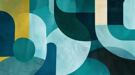 An illustration of abstract shapes and forms in analogous colors like green, blue green, and teal, evoking a sense of harmony and balance