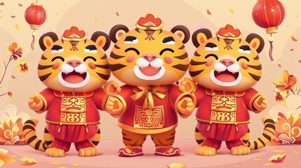 A Spring Festival pack including smiling God of Wealth, three cute tigers dressed in Chinese costumes, and fortune symbols for the year 2022.