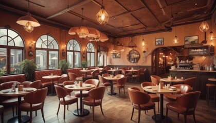 An inviting cafe boasts warm lighting and vintage decor, with red chairs and wooden tables creating a relaxed, retro ambience for dining.. AI Generation