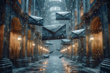 Surreal imagery of floating envelopes in rain inside a classic corridor suggests communication and mystery