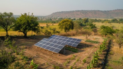 Solar panels line the fields, powering irrigation pumps and farm equipment, showcasing sustainable energy solutions for agriculture in remote areas.