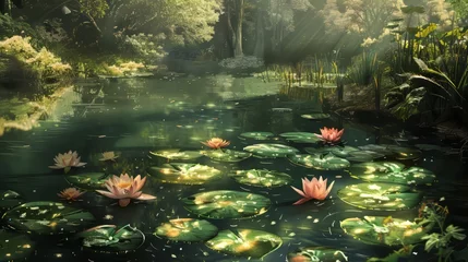 Foto op Canvas Artistic rendering of a tranquil pond surrounded by water lilies © KerXing