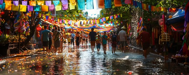 Obraz premium Heart of Songkran festival colorful pennant flags aloft