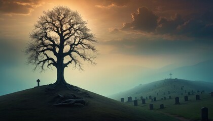 A solitary tree stands vigil over a serene hillside cemetery, evoking feelings of peace, reflection, and the eternal cycle of life and death.. AI Generation - obrazy, fototapety, plakaty