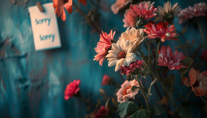 Wilted flowers accompanied by a note with the word "sorry" - highlighting the repetitive and toxic cycle often seen in abusive relationships - wide