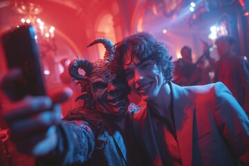 Obraz premium A person takes a selfie while wearing a devil mask, surrounded by an energetic red-hued party atmosphere