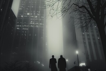 Lost in a sea of gray: Businessmen struggle through thick fog in a deserted cityscape, depicting the isolation and hardships faced in the pursuit of wealth. - obrazy, fototapety, plakaty