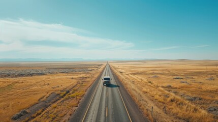 Fototapeta na wymiar Lonely truck driving down remote road in barren landscape under vast sky captured from above