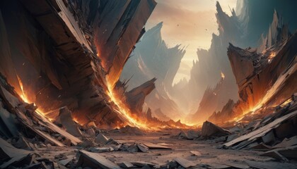 An evocative digital art piece depicts a stark apocalyptic landscape with jagged rock formations and a fiery glow on the horizon. AI Generation - obrazy, fototapety, plakaty