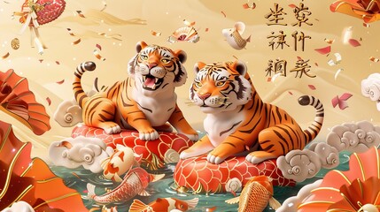 On the right is written in Chinese, "Happy Tiger Year 2022". On the left is written "I wish you an auspicious Tiger Year."
