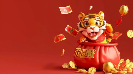 Naklejka na ściany i meble An image of a tiger leaping out of a lucky bag full of money on the Chinese New Year banner for 2022. A message in Chinese wishes you well in the new year and a blessing is written on the lucky bag.