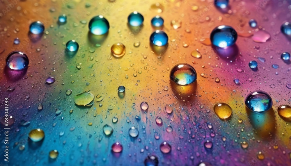 Poster macro shot of rainbow-colored water droplets on a gradient surface, reflecting light and showcasing 