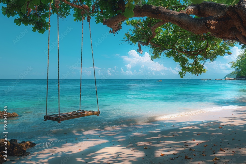 Poster a dreamy coastal image showcasing a rope swing hanging from a tree with a stunning view of a beach c