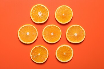 Slices of juicy orange on terracotta background, flat lay