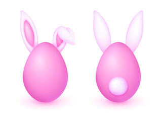 Set of pink easter eggs with funny ears of rabbit a front view and a back view isolated on white background. 3D design elements for Happy Easter concept. Vector illustration.