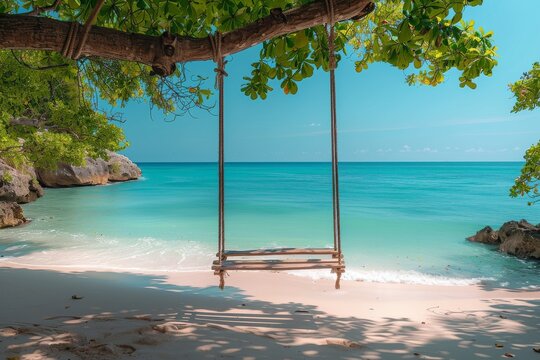 Idyllic tropical image featuring an empty swing facing the calm turquoise ocean, evoking a sense of escape