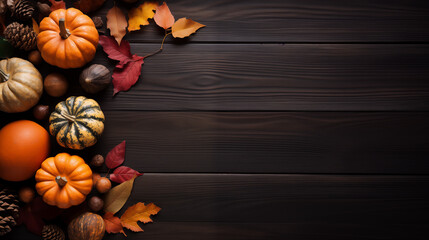 Classic Autumn Composition with Pumpkins and Leaves on Wood - obrazy, fototapety, plakaty