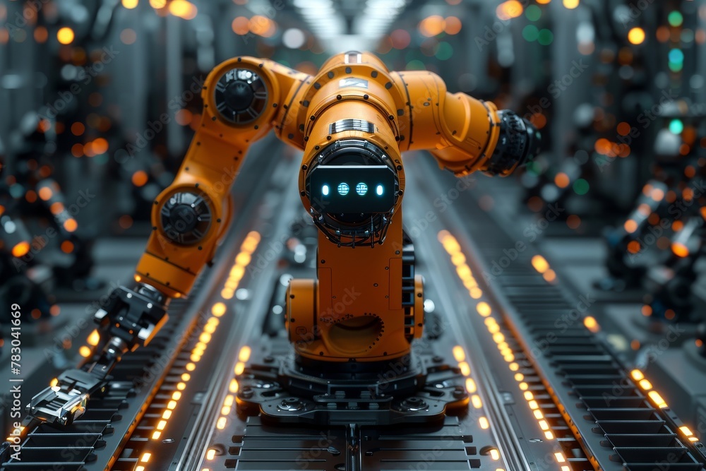 Poster a state-of-the-art industrial robot with a bright, friendly interface working diligently on an autom