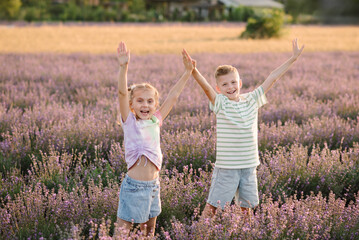 Obraz premium Friends raised hands up, among lavender flowers with sunlight on summer day. Smiling boy and girl stands in lavender field at sunset. Brother and sister have fun walking. International Children's Day.