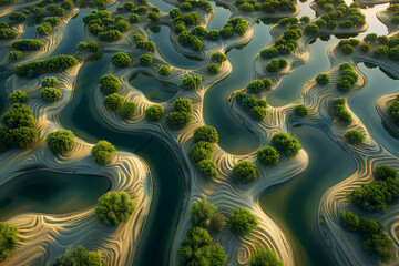 Imagine an abstract aerial view of a labyrinthine network of canals winding through the desert...