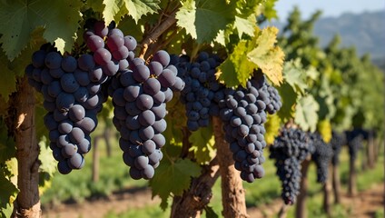 Sprawling vineyards, grapevines heavy with clusters of ripe, juicy grapes, ready for the wine press Generative AI