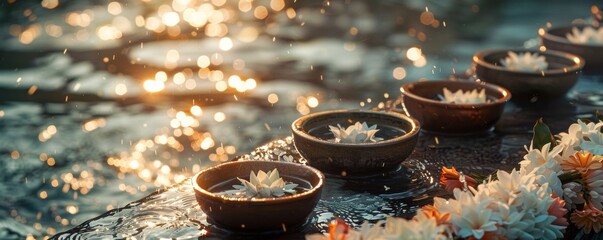 Songkrans tranquil dawn water bowls and jasmine garlands set out - obrazy, fototapety, plakaty
