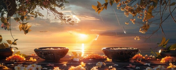 Songkrans tranquil dawn water bowls and jasmine garlands set out - obrazy, fototapety, plakaty
