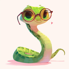 A green snake wearing glasses and a heart on its head. The snake is sitting on a white background