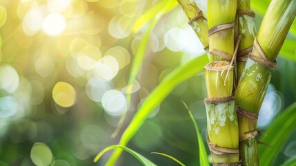 Obraz premium Sugar cane, Cane, Sugarcane piece fresh, sugar cane on green nature bokeh background