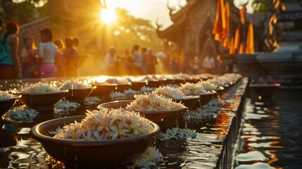 Sunrise illuminates Songkran preparations jasmine garlands beside water-filled bowls