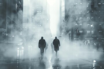 Obraz premium Disoriented businessmen navigate a dense fog in a grayscale cityscape, symbolizing the uncertainty of the financial world.