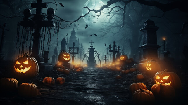 Eerie Halloween Graveyard with Pumpkins and Full Moon