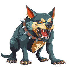Angry aggressive dog in a collar with spikes and exposed fangs isolated on a white background.
