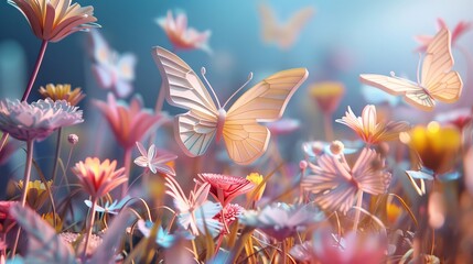 Fototapeta na wymiar Delicate paper butterflies fluttering among flowers in a colorful garden